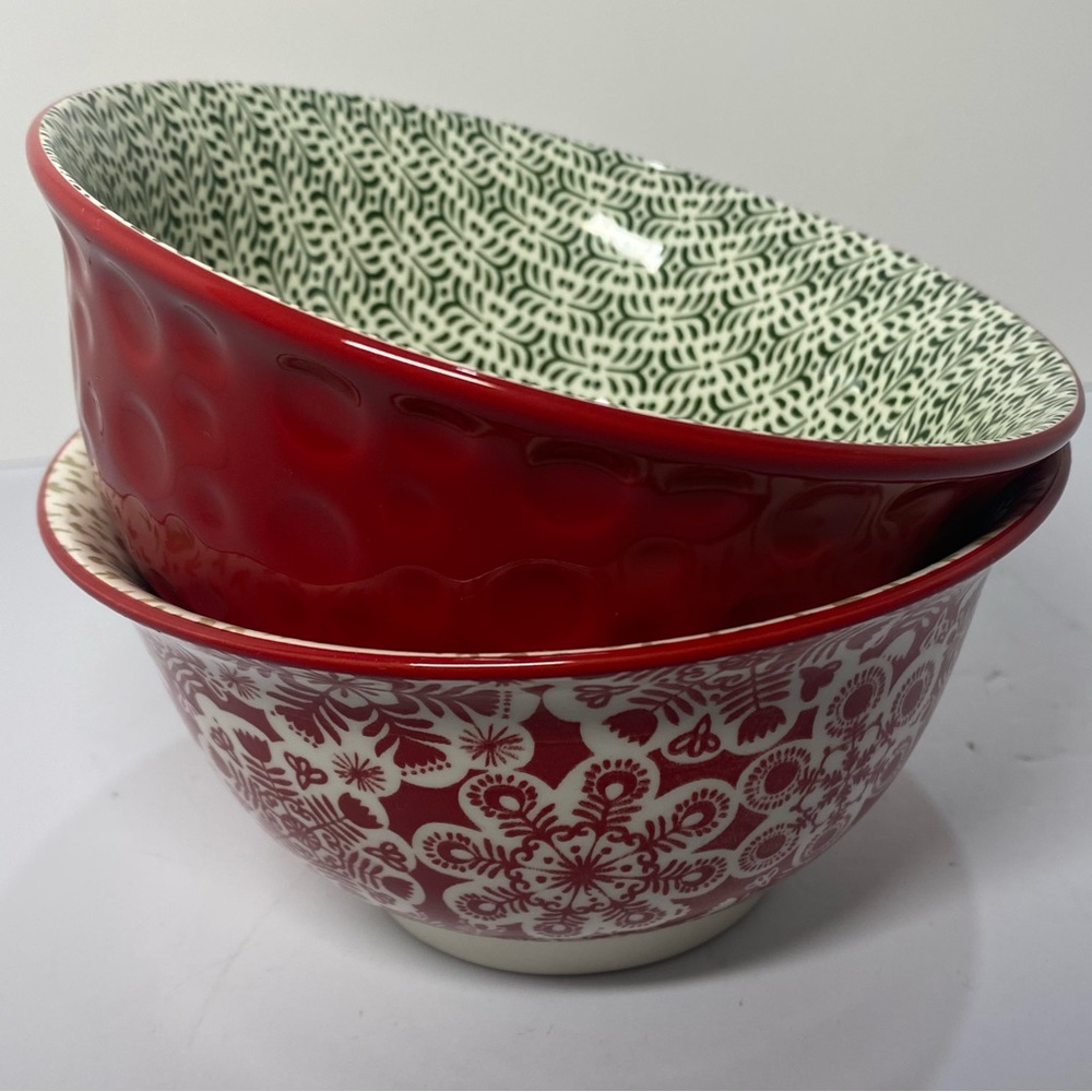 Hallmark Red Ceramic Bowls Set of 2 - Embossed Dotted & Scandinavian Floral